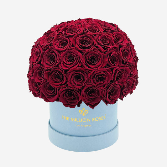 Classic Light Blue Suede Superdome Box | Burgundy Roses - The Million Roses