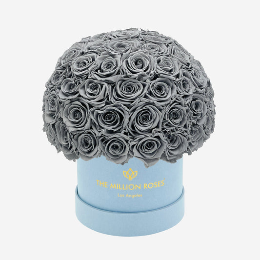 Classic Light Blue Suede Superdome Box | Pastel Grey Roses - The Million Roses