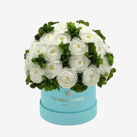 Classic Mint Green Suede Box | White Persian Buttercups & Green Hydrangeas - The Million Roses