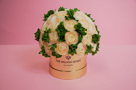 Classic Hot Pink Suede Box | Peach Persian Buttercups & Green Hydrangeas - The Million Roses