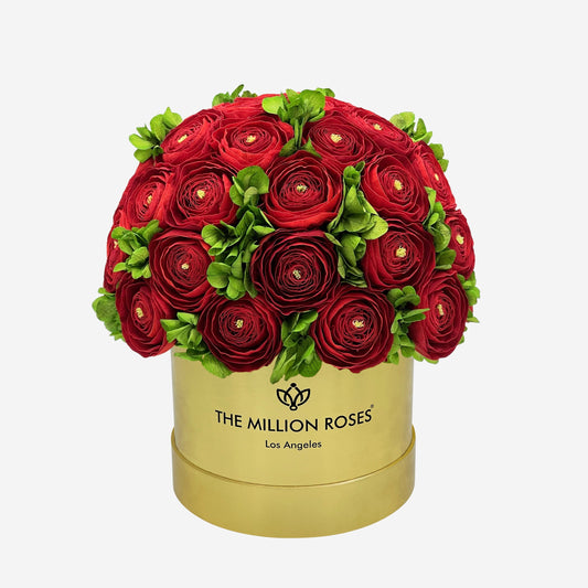 Classic Mirror Gold Box | Red Persian Buttercups & Green Hydrangeas - The Million Roses